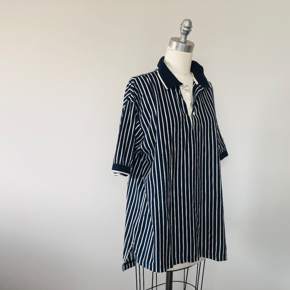 Large Mens Blue White Striped Cotton Short Sleeve BFC Pullover - Picture 4 of 9